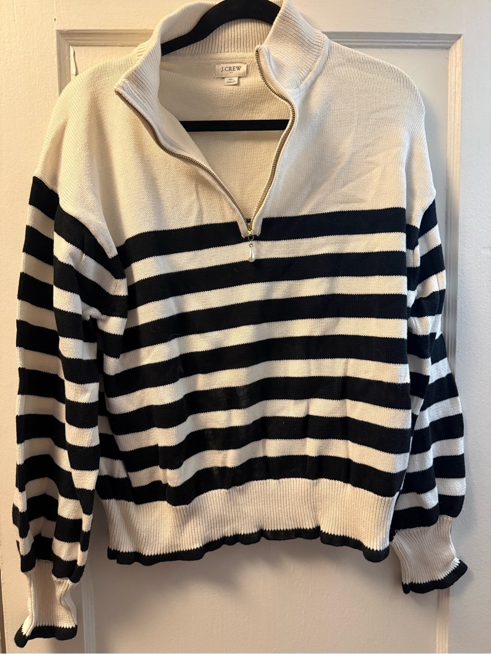 J. Crew Black and White Striped Zip-Up Sweater